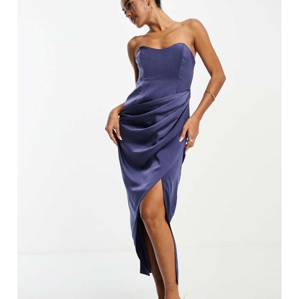 Blue ASOS satin strapless dress from Nordstrom